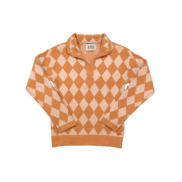 Scotch & Soda Kids Argyle Checkerboard Knit Sweater – Size 10/140 – Tan & Cream - Picture 3 of 12